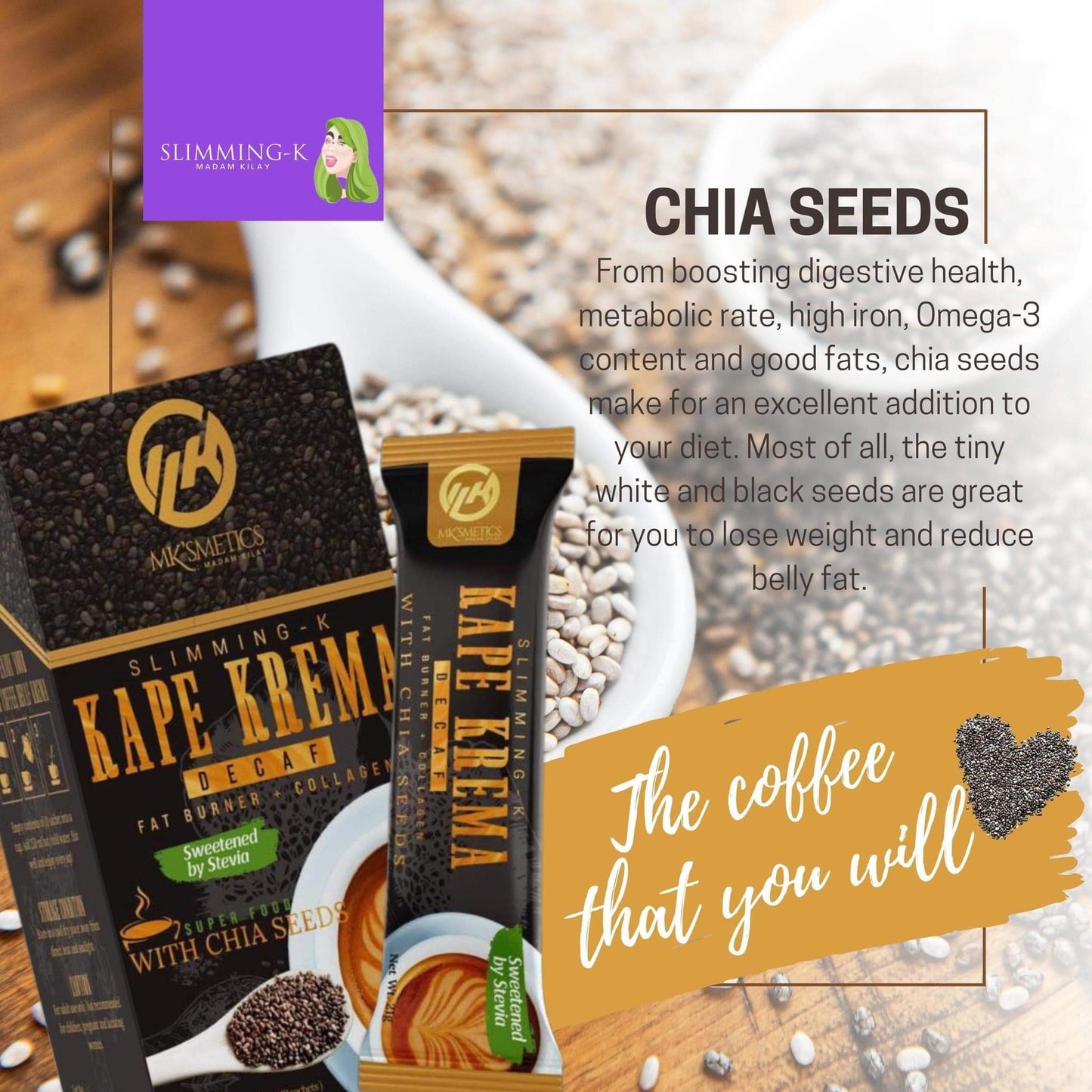 (3 Boxes) Slimming-K Kape Krema Decaf with Chia Seeds